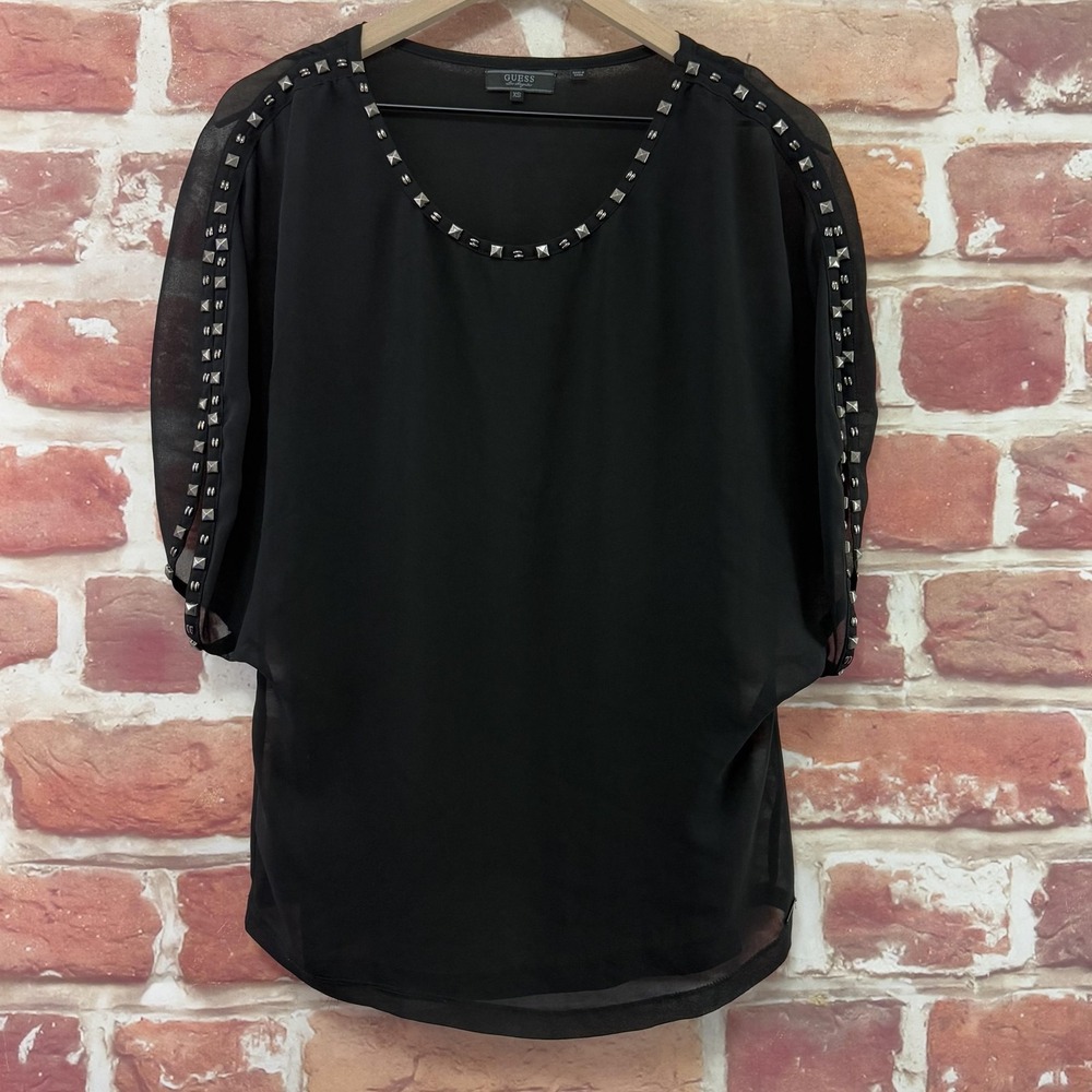 Guess Top Women's XS Black Silver Studded Accent Sheer Casual Evening Shirt
